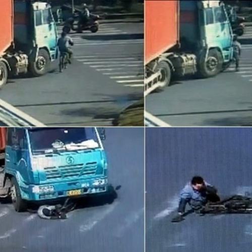 Ciclista sobrevive após ser atropelado por uma carreta na China
