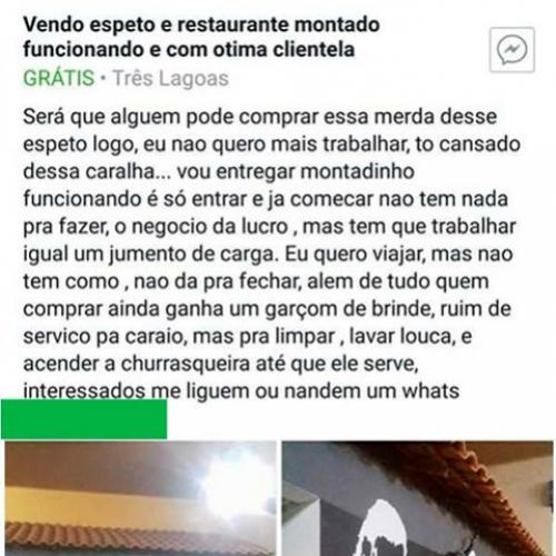 Vendendo um restaurante montado, motivo trabalha que nem um jumento