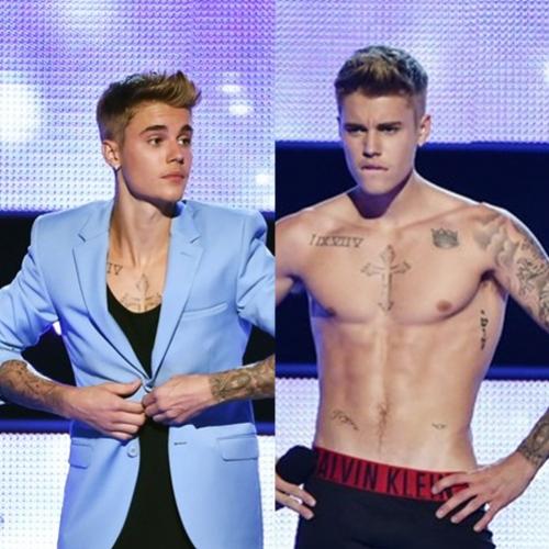 Justin Bieber fica só de cueca no palco ao lado de modelo