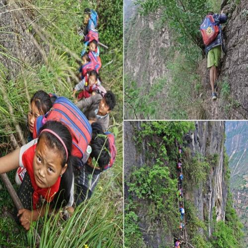 Crianças escalam um despenhadeiro de mil metros para ir à escola
