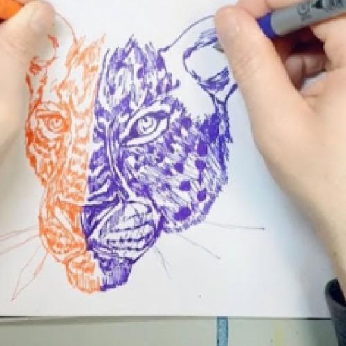 Artista desenha usando as duas mãos ao mesmo tempo