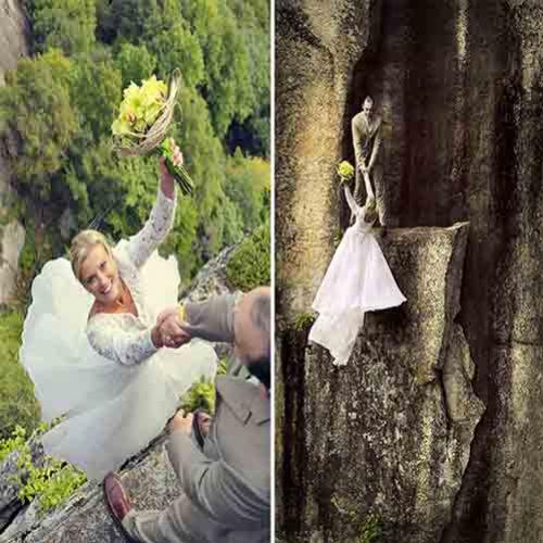 fotografias de casamento num penhasco a mais de 100 metros de altura