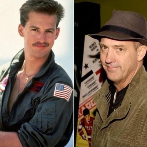 Antes e depois do elenco principal do clássico filme Top Gun