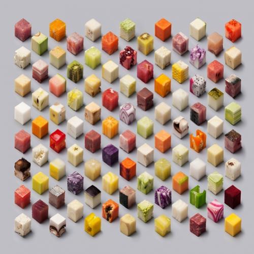 98 alimentos diferentes cortados em cubos idênticos